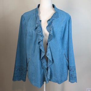 Chico’s Faux Suede Jacket Open Front Drape Vast Skies Blue Sz 2 (Lg 12) Lined
